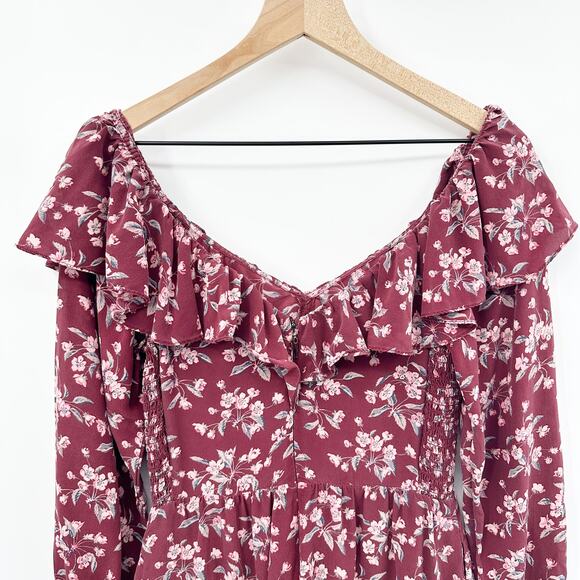 Rebecca Taylor Tilda Floral 100% Silk Ruffle Dress in Burgundy Size 6 - Picture 5 of 14